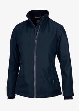 A navy women's jacket with a zip front and a high collar. The jacket has a branding logo.