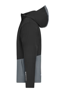 A hardshell rain jacket in black and grey, featuring a hood and a logo on the side.