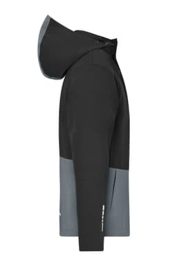 A black and grey hardshell rainjacket featuring a hood, with a logo on the side.