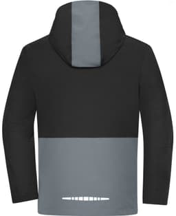A hardshell rainjacket in black and grey, featuring a hood and a logo on the back.