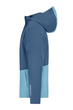 A hardshell rainjacket in navy blue and light blue, featuring a hood and a logo on the sleeve.