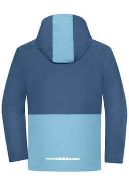 A hardshell rainjacket in navy blue and light blue, featuring a hood and a logo on the back.