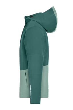 A green and light green hardshell rainjacket with a hood, featuring a logo on the side.