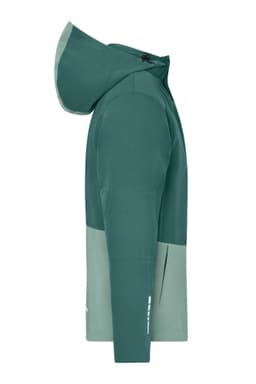 A hardshell rainjacket in green and light green with a hood, featuring a logo on the side.