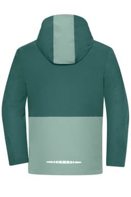 A green and light green hardshell rainjacket with a hood and a logo on the back.