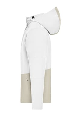 A white and beige Workwear Hardshell Rainjacket with a hood, featuring a logo on the side.