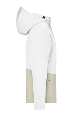 A white and beige hardshell rainjacket with a hood, featuring a logo and a clean, modern design.