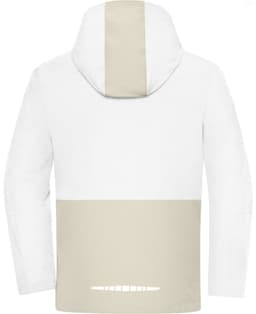 A hardshell rain jacket featuring a white body with a beige upper panel and hood, displaying a logo on the back.