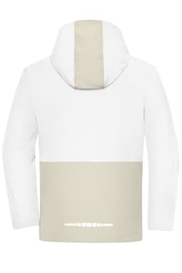A white hardshell rain jacket with a beige lower section and a hood, featuring a logo on the back.