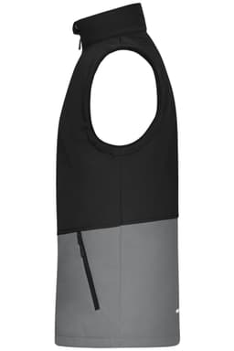 A softshell vest in black and grey, featuring a zip pocket and a logo. Suitable for workwear.