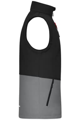 A softshell vest featuring a black upper section and grey lower section, with a zip pocket and logo.