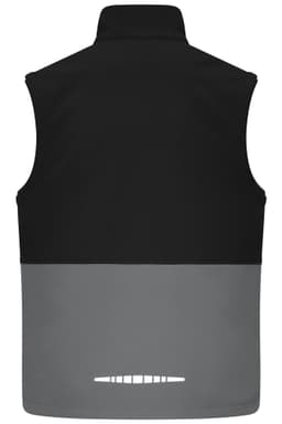 A black and grey workwear softshell vest featuring a high collar and a logo on the back.