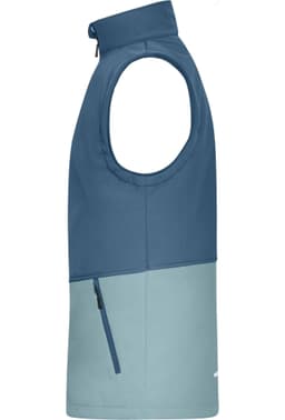 A navy and light blue softshell vest featuring a zip pocket and a small logo.