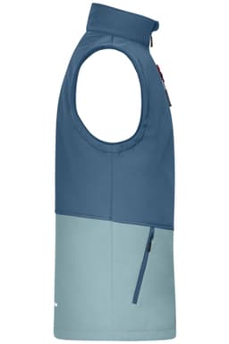 A softshell vest in dark blue and light blue, featuring a zippered pocket and a logo.