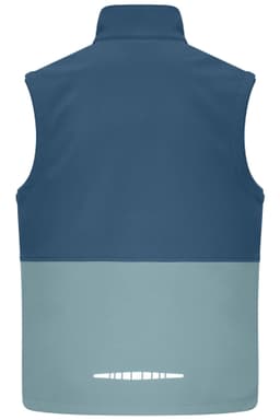 A softshell vest in navy and light blue, featuring a back view and a logo at the hem.