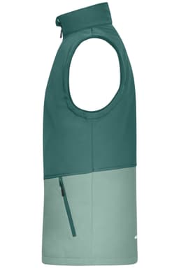 A softshell vest in dark green and mint green, featuring a zippered side pocket and a high collar.