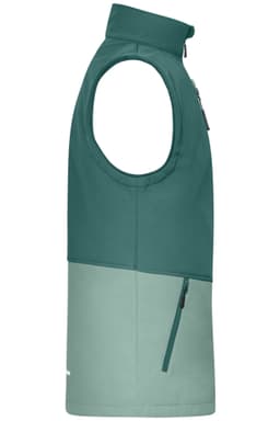 A green softshell vest with a sleeveless design, featuring a zip pocket and a colour-blocked lower section.
