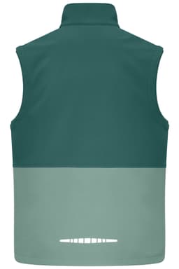 A softshell vest in teal and light green with a logo on the back. Perfect for workwear applications.