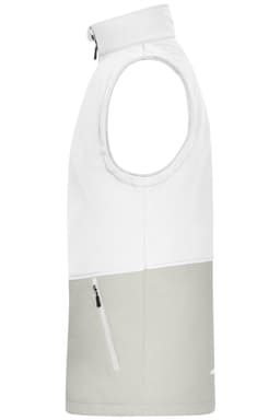A softshell vest in white and grey with a zip pocket and a high collar. The vest has a logo present.