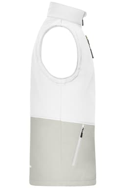 A softshell vest in white and light grey, featuring a side zip pocket and a logo on the fabric.