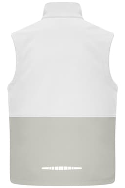 A white and grey softshell vest featuring a collar and a logo on the back. Ideal for workwear.