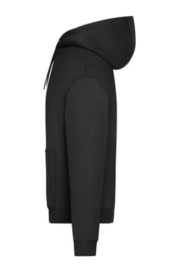 An oversized unisex black sweat hoody with a large hood and front pocket, featuring a logo.