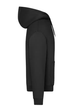 A black oversized unisex sweat hoody with a hood, kangaroo pocket, and ribbed cuffs and hem. It features a logo.