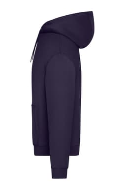 An oversized unisex sweat hoody in dark navy, featuring a hood and side pocket, with a logo.
