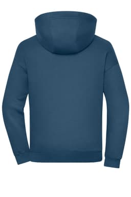 An oversized unisex sweat hoody in a deep blue colour featuring a hood and long sleeves. It has a logo.