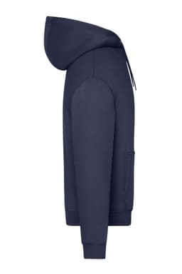 An oversized unisex sweat hoody in navy blue featuring a hood, side pocket, and ribbed cuffs. It has a logo on it.