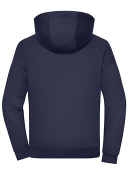 An oversized unisex hoody in navy blue, featuring a large hood and long sleeves. It has a logo on the back.