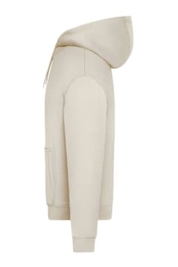 An oversized unisex hoody in a light beige colour with a hood and a front pocket. Features a simple design and a logo.