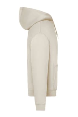 An oversized unisex hoody in a light beige colour, featuring a hood and a front pocket. It has a logo on it.