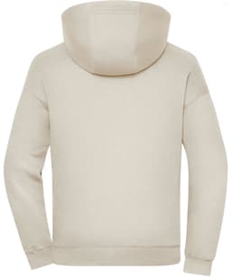 An oversized unisex hoody in a light beige colour, featuring a hood and long sleeves. It has a branding logo.
