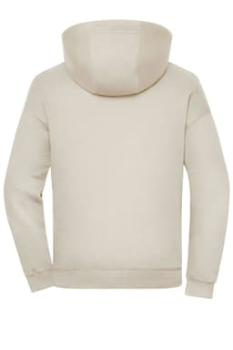 An oversized unisex hoody in a light beige colour, featuring a hood and long sleeves. It has a branding logo.