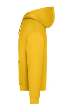 A yellow oversized unisex hoody with a hood and a front pocket, featuring a logo.