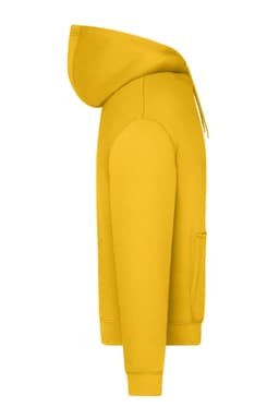 An oversized unisex hoody in bright yellow, featuring a hood and a front pocket. It has a logo on the design.