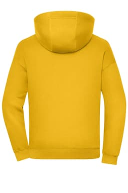 An oversized unisex hoody in vibrant yellow with a hood and long sleeves. It features a logo on the back.
