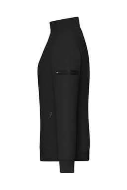 A black ladies zip jacket in interlock fabric, featuring a zippered pocket on the sleeve and a high collar.