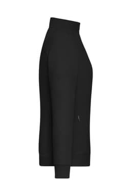 A black ladies zip jacket in interlock fabric, featuring a high collar and long sleeves. It has a logo.