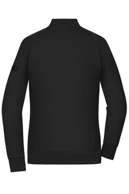 A black zip jacket in interlock fabric with a crew neck and long sleeves. Features a logo on the sleeve.