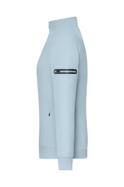 A light blue zip jacket with a high collar and an arm pocket, featuring a logo.