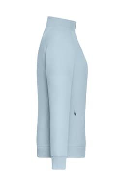 A light blue zip jacket with a high collar and side pockets. It features a branding logo.