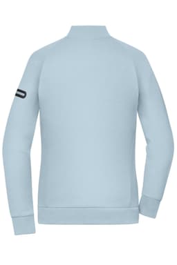 A light blue zip jacket with a stand-up collar and a logo on the sleeve, featuring a smooth interlock fabric.