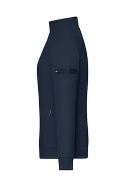 A navy zip jacket with a high collar and a side pocket, featuring a logo. Ideal for casual wear.