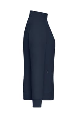 A navy zip jacket featuring a high collar and side pocket, with a logo on the garment.