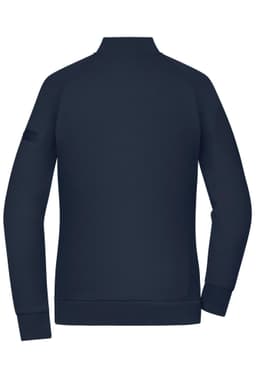 A navy blue ladies zip jacket with a high collar and fitted cuffs, featuring a logo on the sleeve.