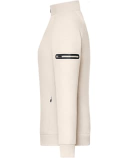 A ladies' zip jacket in light beige with a zippered pocket on the sleeve and a logo on the arm.