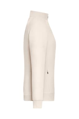 A light beige zip jacket with a high collar and side pockets. The jacket has a logo on it.