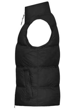 A black ladies' winter vest with a high collar and a front pocket, featuring a logo on the side.